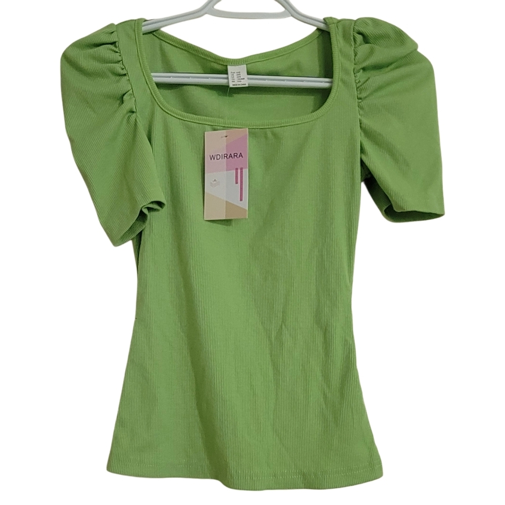 Wdiara Women's Blouse XXS Green Pullover Ruched Short Sleeve